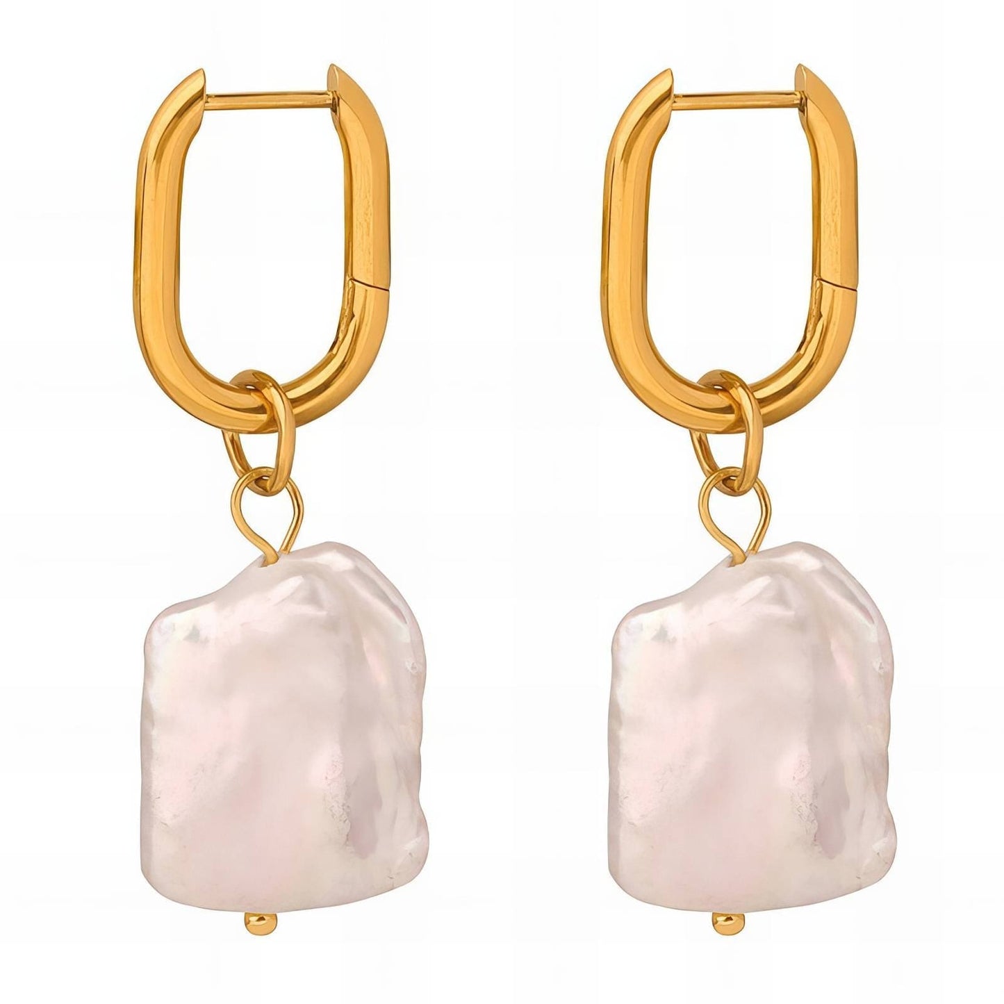 Oval Hoop Earrings, with Baroque Pearl Drop, 18K Gold Plated Steel