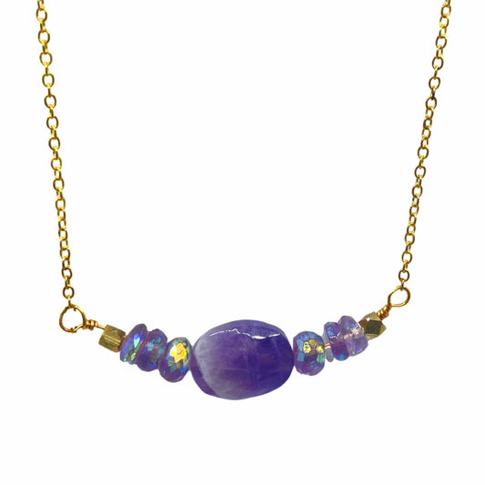Bar Necklace Banded Amethyst center stone with three mystic coated faceted amethyst stones on each side on a thin gold stainless steel chain 