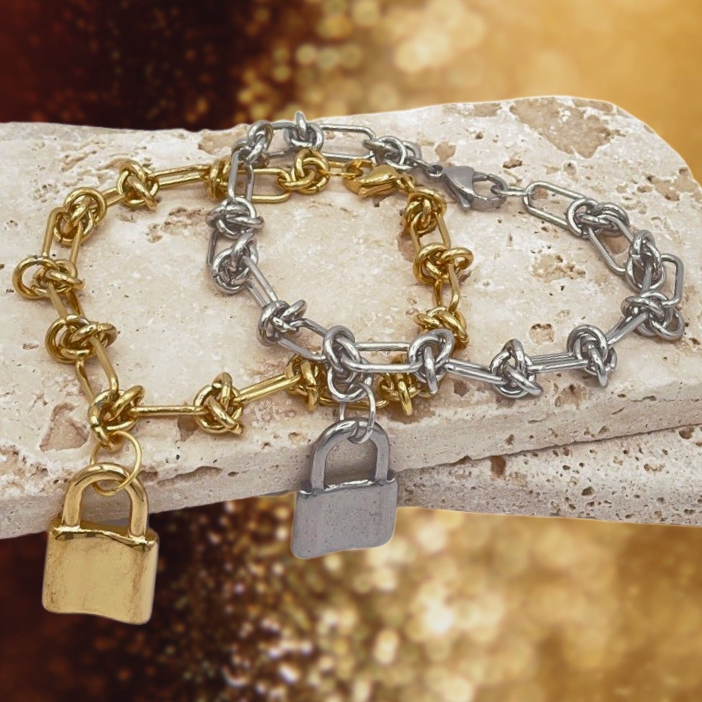 Gold Over Stainless Steel “Barbed Wire” Link Bracelet With Padlock Charm