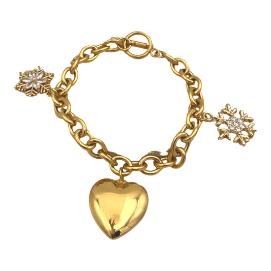 Gold Over Stainless Steel Cable Chain Bracelet with Puffy Heart and Gold Tone Snowflakes