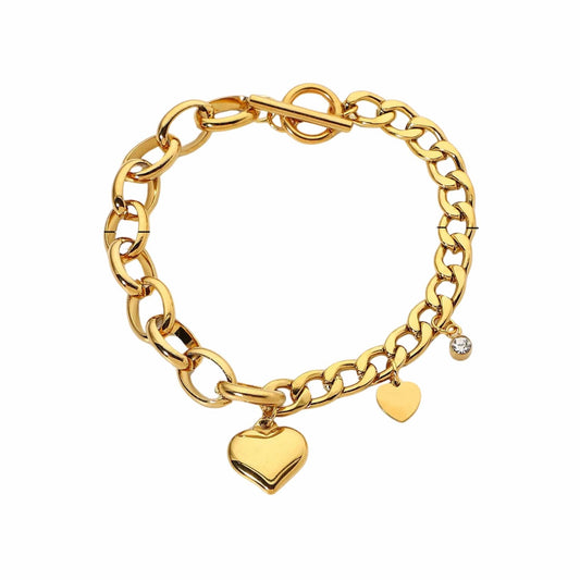 Gold Over Stainless Steel Curb and Cable Chain Bracelet with Toggle Clasp and Heart Charm