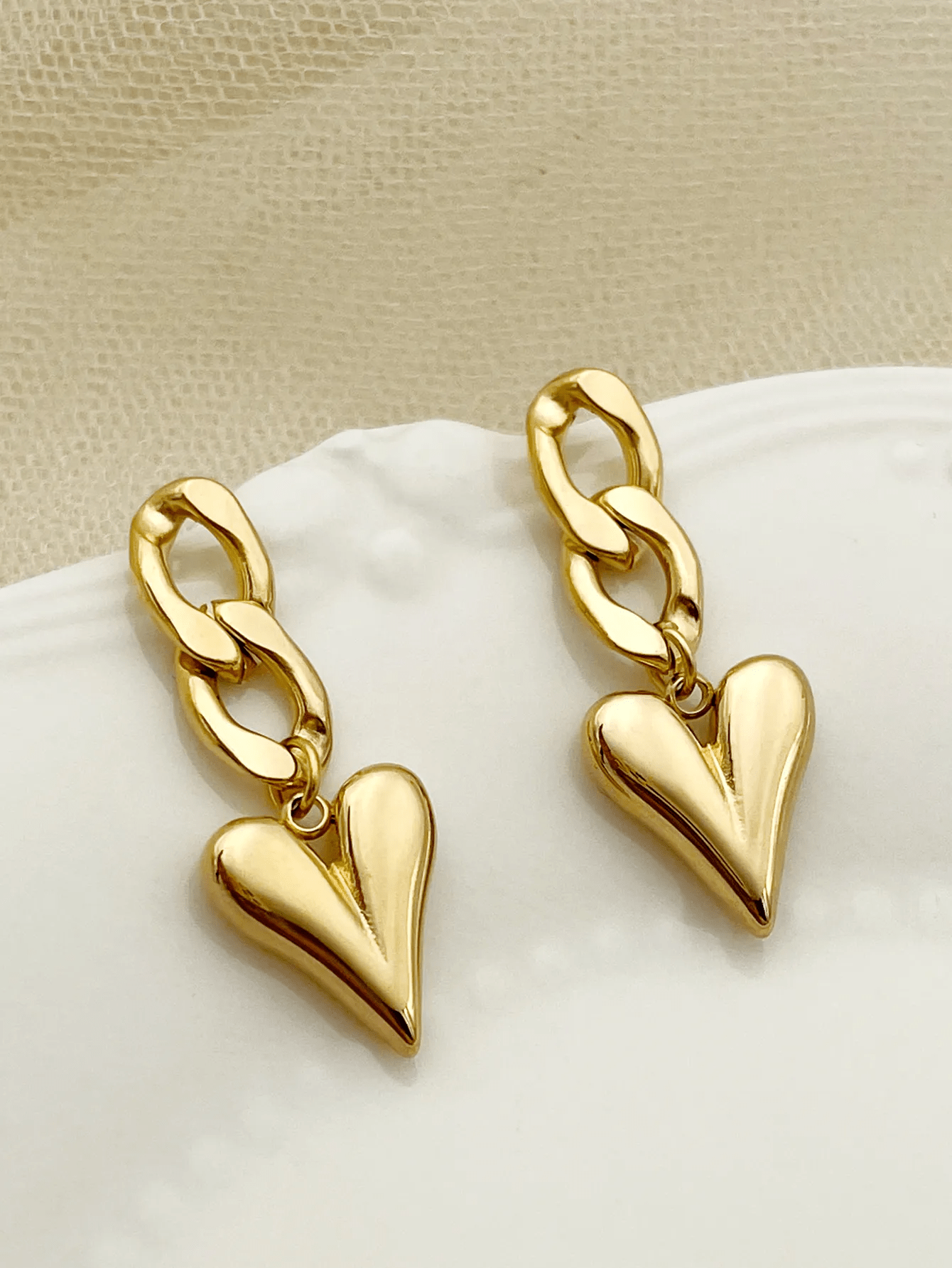 Double Link Gold Over Stainless Steel Drop Heart Earrings