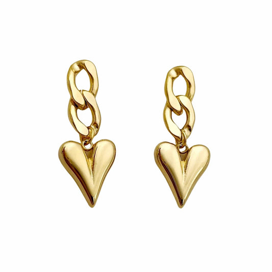 Double Link Gold Over Stainless Steel Drop Heart Earrings