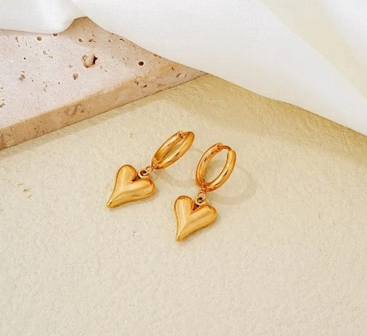 Gold Over Stainless Steel Huggie Hoop Earrings With Puffy Heart Drop