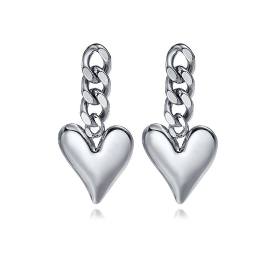 Stainless Steel Double Link Chain Earring  with Heart Drop
