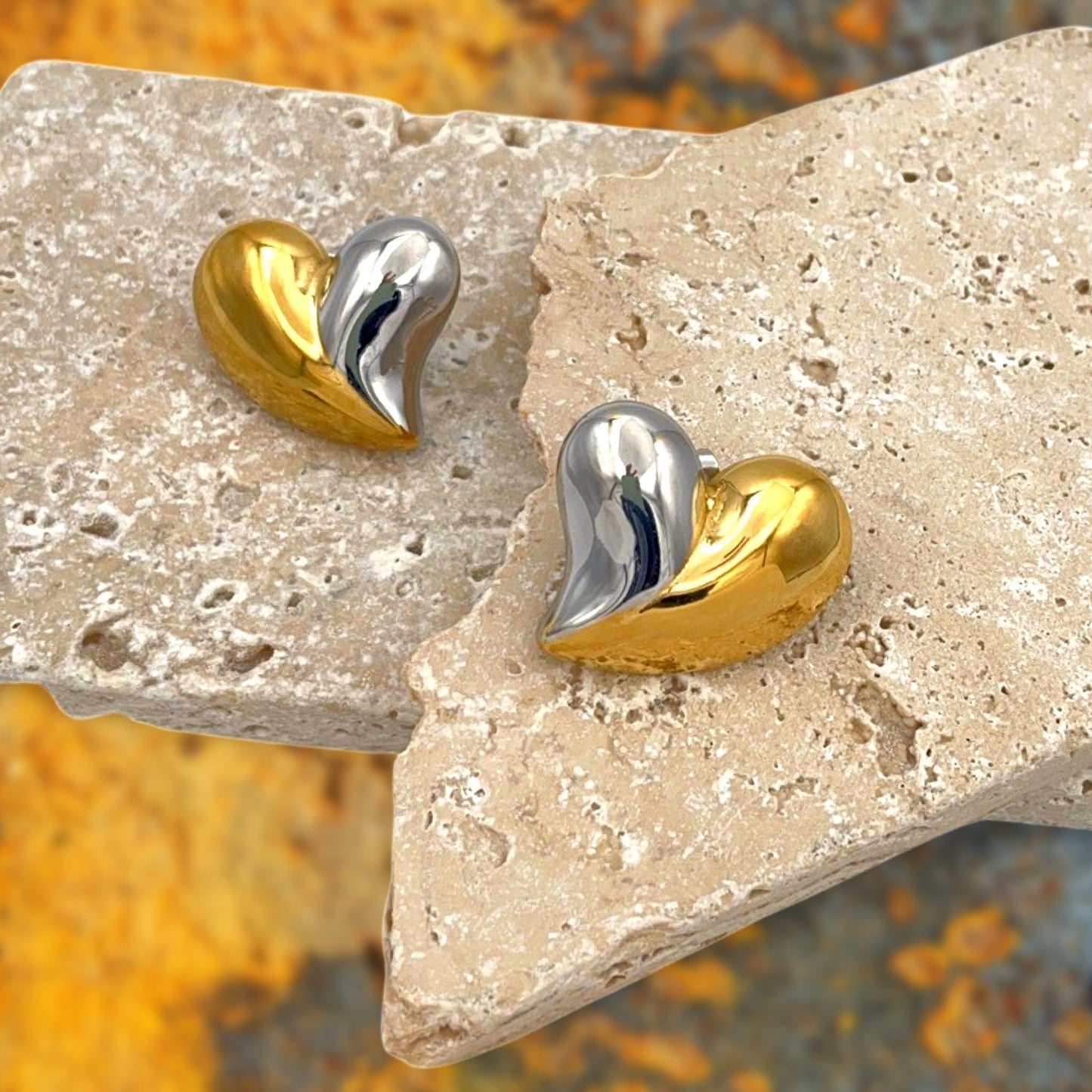Two Tone Silver and Gold Stainless Steel Curvy Heart Earrings