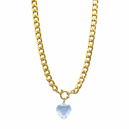 Gold Over Stainless Steel Curb Chain Necklace with Zircon Heart and Toggle Clasp