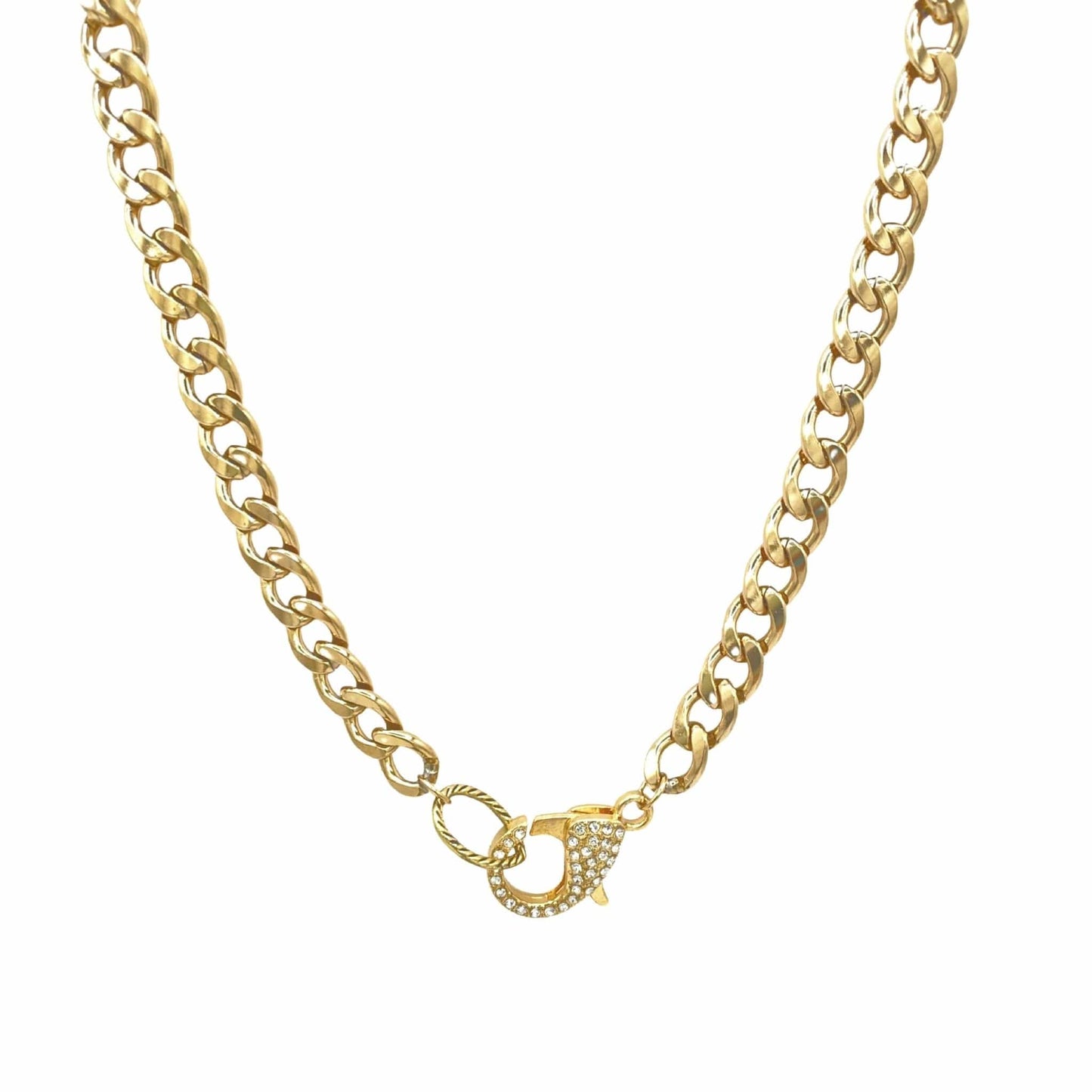 Gold Stainless Steel Curb Chain Necklace with Pave’ Lobster Clasp