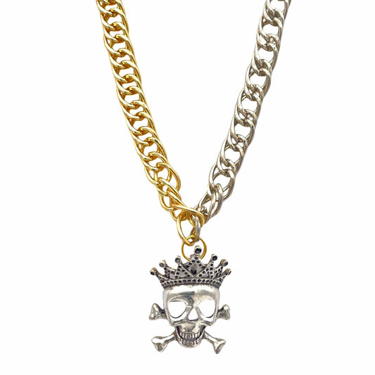 Limited Edition Stainless Steel Two Tone Curb Chain Necklace with Oversized Silver Tone Skeleton King Pendant