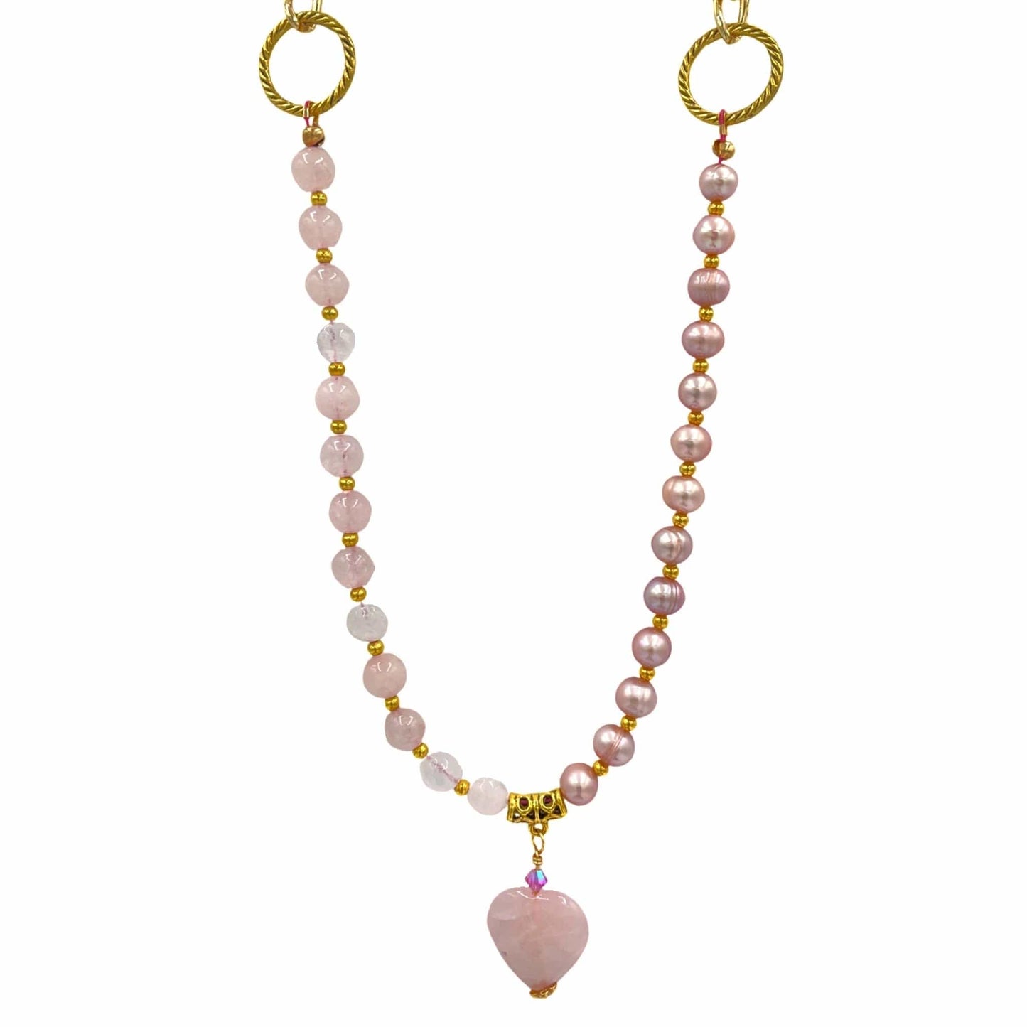 Pink Freshwater Pearl and Rose Quartz Statement Necklace with Rose Quartz Heart