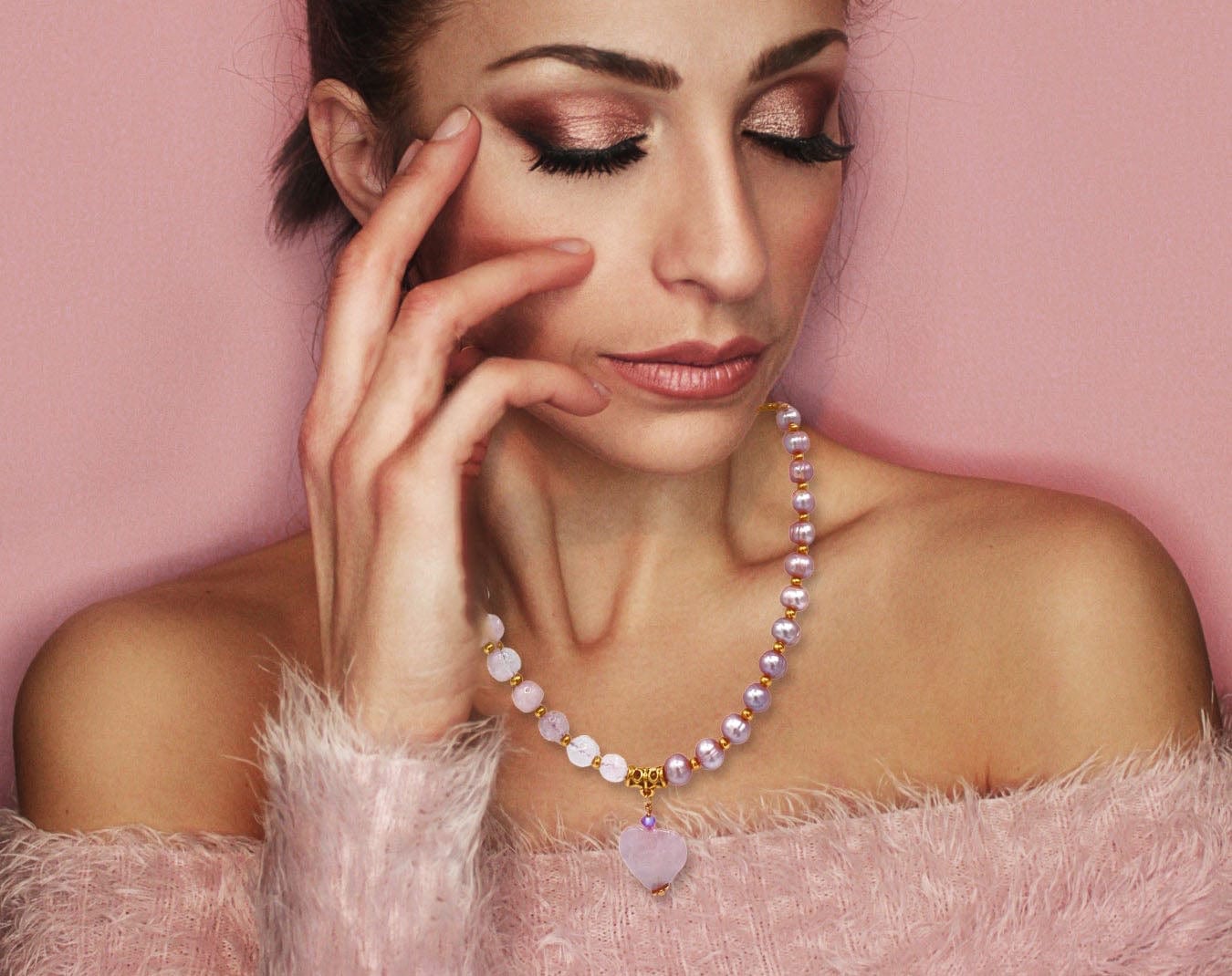 Pink Freshwater Pearl and Rose Quartz Statement Necklace with Rose Quartz Heart