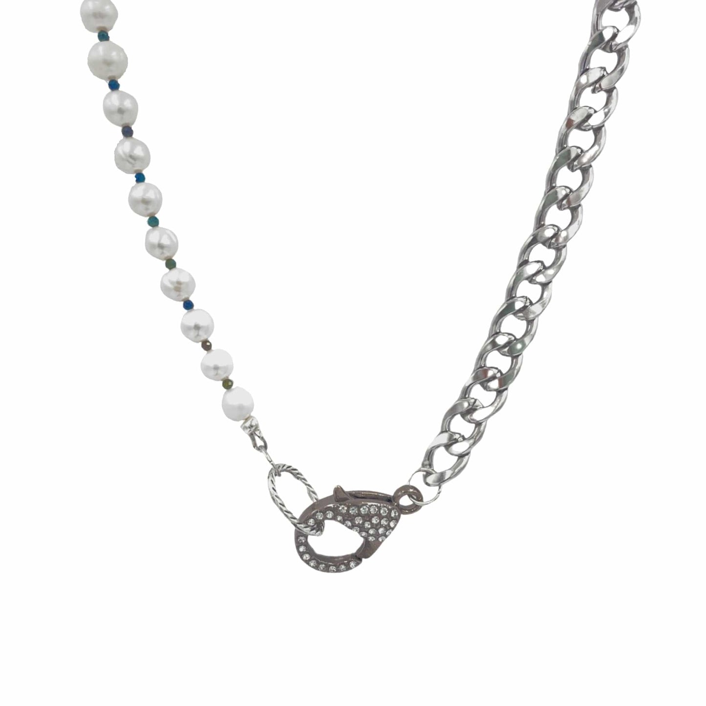 Silver Stainless Steel Curb Chain Necklace with White Freshwater Pearls and Pave’ Lobster Clasp