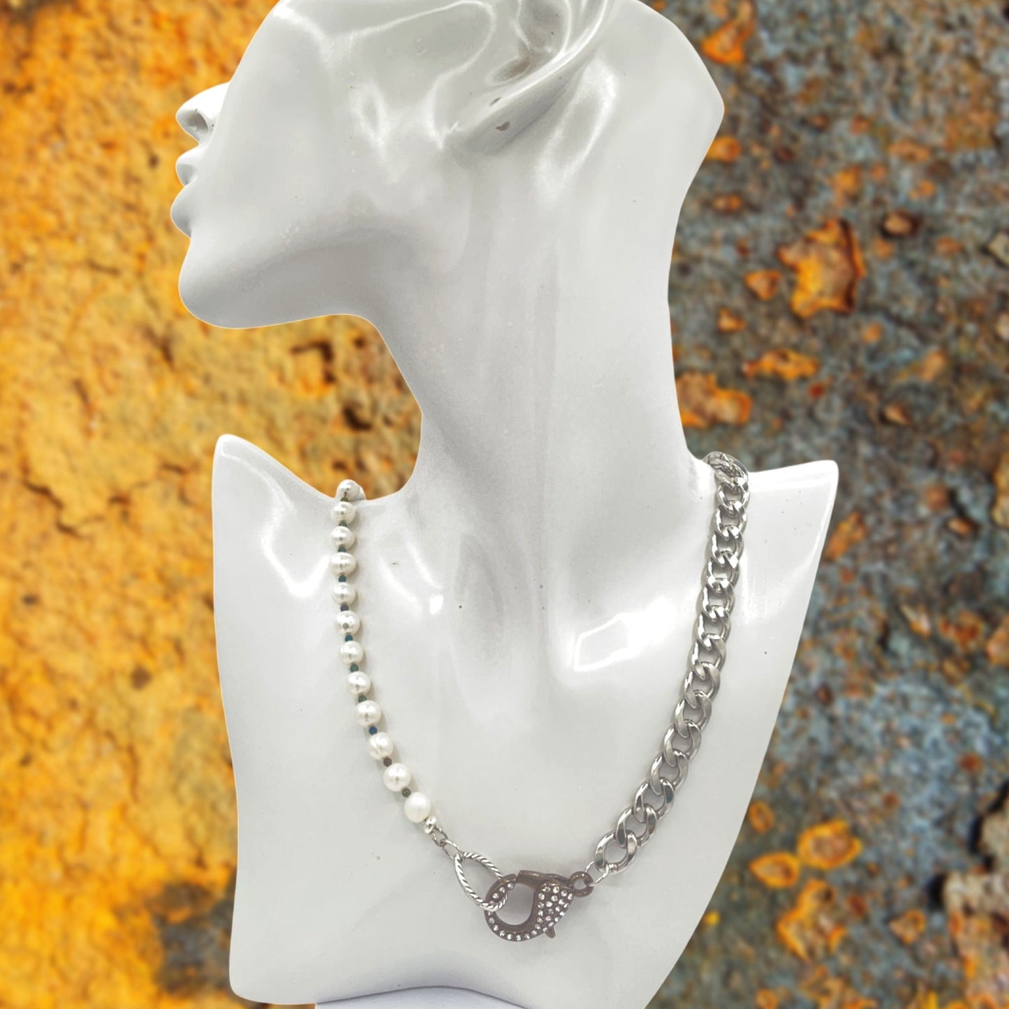 Silver Stainless Steel Curb Chain Necklace with White Freshwater Pearls and Pave’ Lobster Clasp