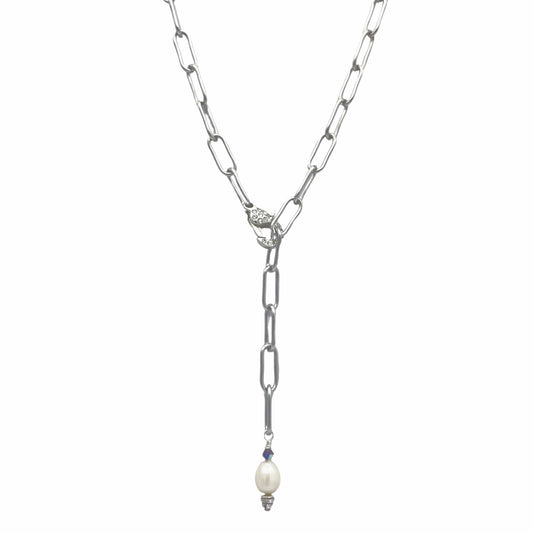 Silver Stainless Steel Paperclip Chain Lariat Necklace with Pave’ Lobster Clasp