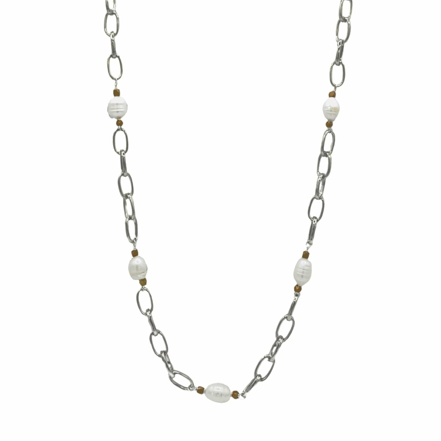 Silver Stainless Steel Paperclip Chain Necklace with White Pearls