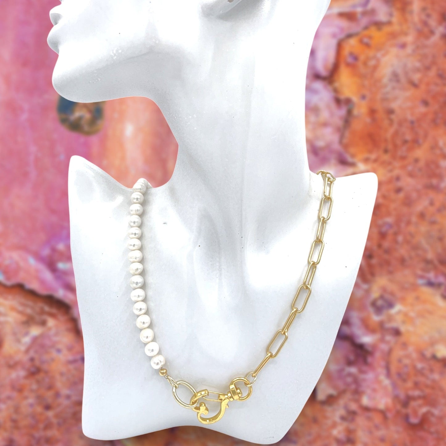 White Freshwater Pearls and Gold Stainless Steel Paperclip Chain Statement Necklace